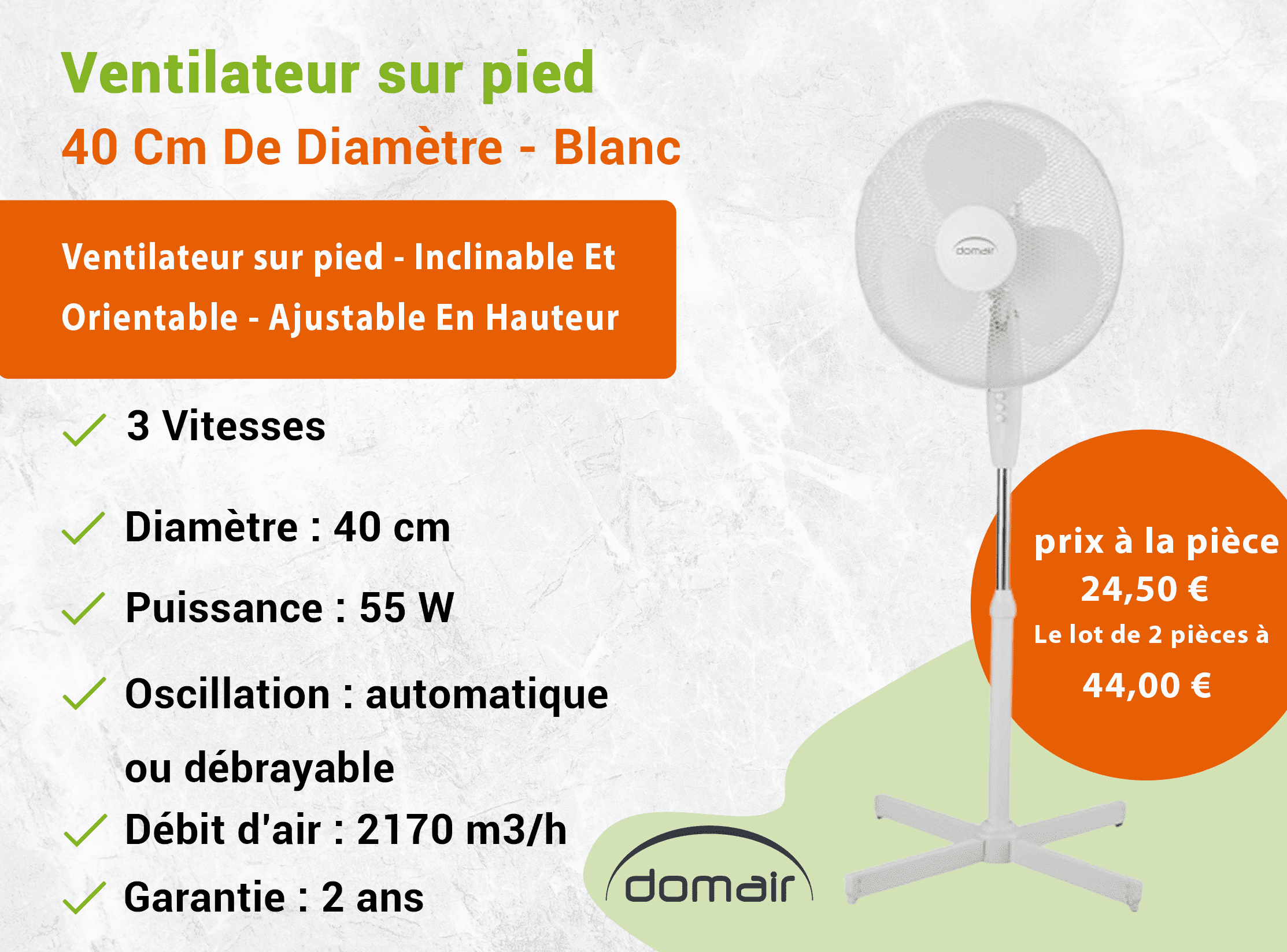 DOMAIR FL40II - Ventilateur Sur Pied - 55 Watts - Inclinable Et Orientable - Ajustable En Hauteur - 40 Cm De Diamètre - Blanc